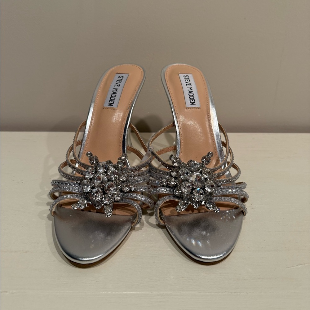 Steve Madden Women's Pamola Silver Rhinestone Embellished Heels - Picture 3 of 10